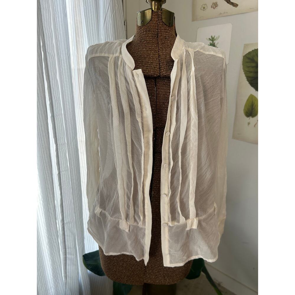 Vintage Womens XL 100% Silk Sheer Button Front Blouse Ivory Romantic Boho